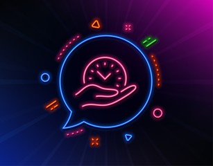 Safe time line icon. Neon laser lights. Clock sign. Office management symbol. Glow laser speech bubble. Neon lights chat bubble. Banner badge with safe time icon. Vector