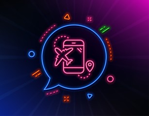 Airplane travel line icon. Neon laser lights. Trip flight destination sign. Holidays symbol. Glow laser speech bubble. Neon lights chat bubble. Banner badge with flight destination icon. Vector
