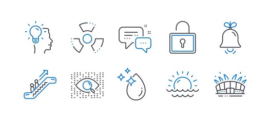 Set of Business icons, such as Escalator, Artificial intelligence, Lock, Water drop, Idea, Employees messenger, Chemical hazard, Sunset, Bell, Arena stadium line icons. Elevator, Find data. Vector
