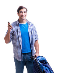 Young dad with baby pram isolated on white