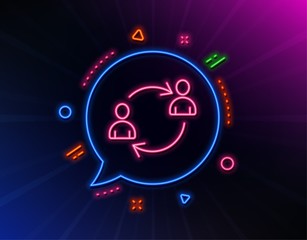 Teamwork line icon. Neon laser lights. User communication or Human resources. Profile Avatar sign. Person silhouette symbol. Glow laser speech bubble. Neon lights chat bubble. Vector