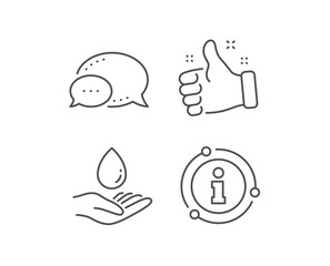 Water care line icon. Chat bubble, info sign elements. Clean aqua drop sign. Hand symbol. Linear water care outline icon. Information bubble. Vector