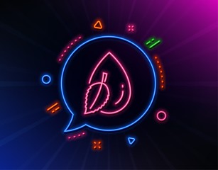 Mint water drop line icon. Neon laser lights. Clean aqua leaf sign. Liquid symbol. Glow laser speech bubble. Neon lights chat bubble. Banner badge with water drop icon. Vector