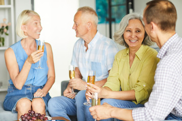 Group of cheerful senior people enjoying champagne during party at home, copy space