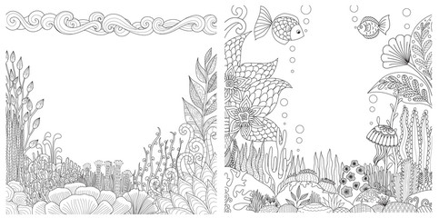 Line art of floral coral reefs,rocks and fish collection with copy space for design element. Vector illustration