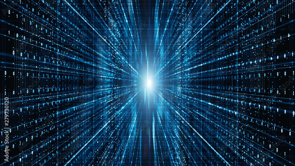 Wall mural abstract digital matrix particles flow, digital data connection, technology concept background.