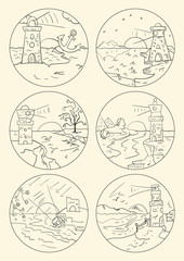set_2_illustration outline, coloring lighthouse on land by the sea design for stickers and banners, kids Doodle style
