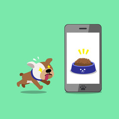 Cartoon character cute bulldog and smartphone for design.