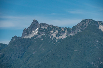 close up shot of the forest covered mountain peak with a small trace of snow under blue cloudy sky on a hazy day