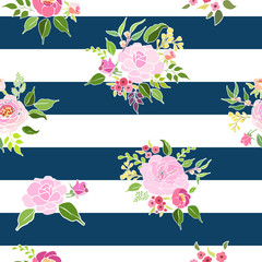 Pink roses floral background with blue stripes