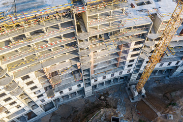 aerial top view of new modern apartment building under construction