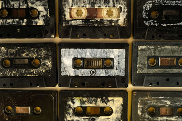 a selection of old audio cassettes