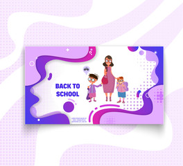 Horizontal banner mom and kids go to school - back to school and sale, flat style with geometric figures and characters.