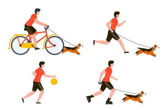 Vector Summer Sport Activities Set - Bycicle Riding, Running, Basketball Playing, Rolling Man With Dog. Isolated On White Background.