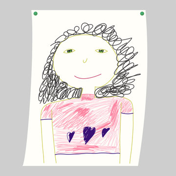 Children's drawing. Picture painted by a kid. Daughter painted mom. Little girl with green eyes. A poster on the wall. Doodle sketch. Pencil or marker portrait of sister. Mother's and child's day
