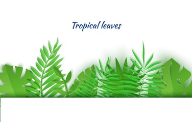 Border of summer tropical leaves in paper cut style. Craft jungle plants collection on white background. Creative vector card illustration in paper cutting art style