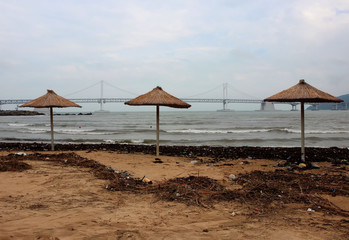 Environment pollution appear at gwangalli beach after typoon, Busan, South Korea, Asia