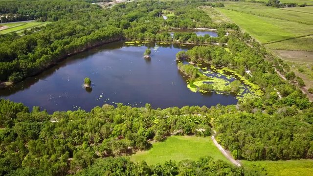 Backwards aerial footage of the Cattana Wetlands at Smithfield, near Cairns, Queensland, Australia. August 2018.
