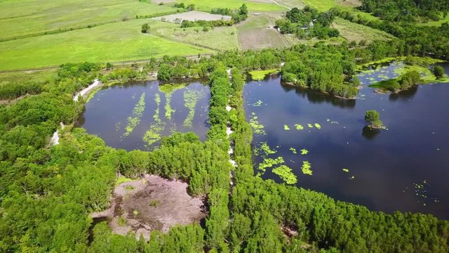 Sideways aerial footage of the Cattana Wetlands at Smithfield, near Cairns, Queensland, Australia. August 2018.