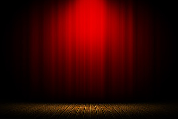 Red curtain studio on stage wooden brown background, Red curtain background.