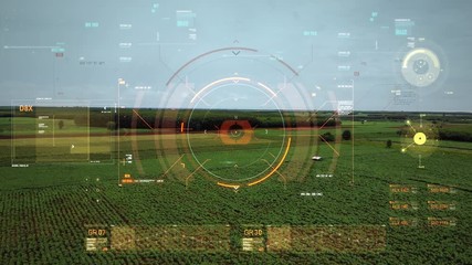 Drone shot flying aerial view with User interface text graph bar and target pointer element futuristic and cyber technology - Powered by Adobe