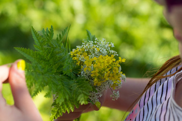 a small bouquet of modest wildflowers in a woman's hand