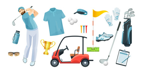 Golf equipment set logo icons sports gear for game