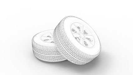 3d rendering of two car tires isolated in white background