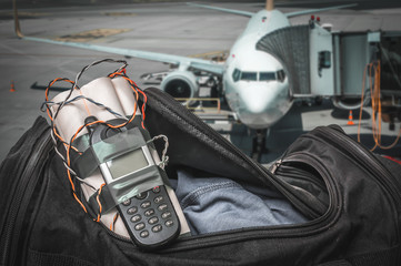 Dynamite bomb with phone in terrorist bag on airport