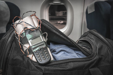Dynamite bomb with phone in terrorist bag inside airplane