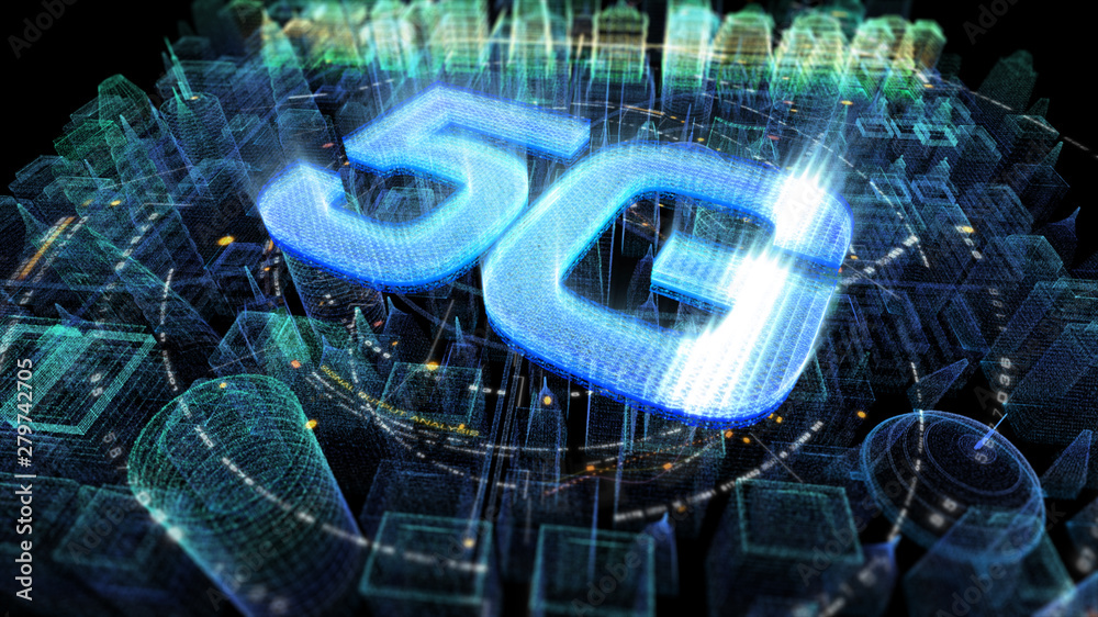 Poster futuristic holographic 5g digital wireless high speed fifth innovative generation for cellular netwo