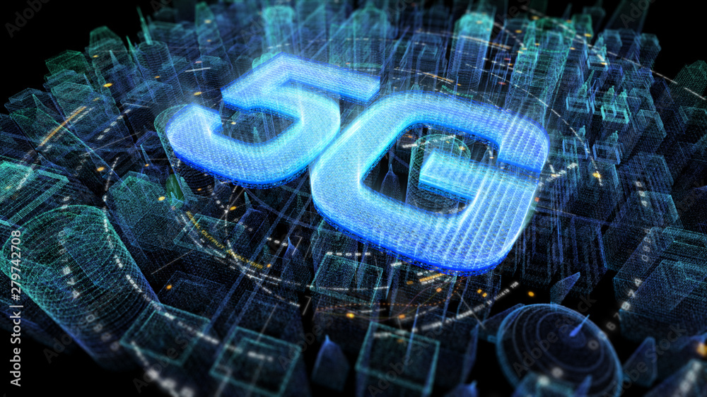 Poster futuristic holographic 5g digital wireless high speed fifth innovative generation for cellular netwo