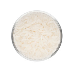 Fototapeta na wymiar White rice in glass bowl isolated on white background top view raw food object design