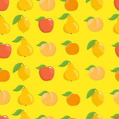 Fruits set seamless pattern background. Apple, peach and lemon mandarin and pear. On a yellow background