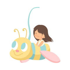 Cute Little Girl Riding at Bee Carousel, Happy Kid Having Fun in Amusement Park Vector Illustration