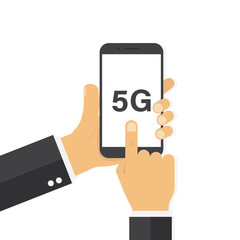 Hand holding smartphone with 5g connecting. Mobile screen. Internet technology. Device touchscreen.
