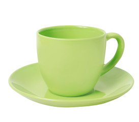 Green porcelain cup isolated on white.
