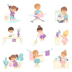 Cute Adorable Kids Doing Housework Chores at Home Set, Cute Little Boys and Girls Sweeping Floor, Ironing Clothes, Washing Dishes, Watering Houseplants Vector Illustration