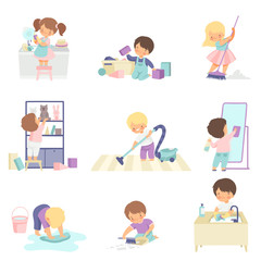 Cute Adorable Kids Doing Housework Chores at Home Set, Cute Little Boys and Girls Washing Floor, Dishes, Cleaning Up Toys Vector Illustration