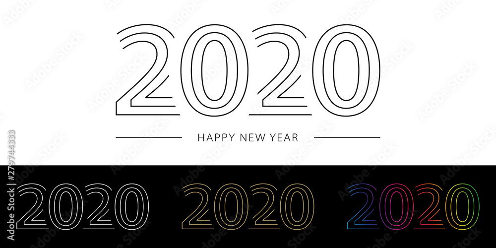 Aufkleber 2020 Happy New Year. 2020 modern text vector design with line white black gold and spectrum gradient colors.