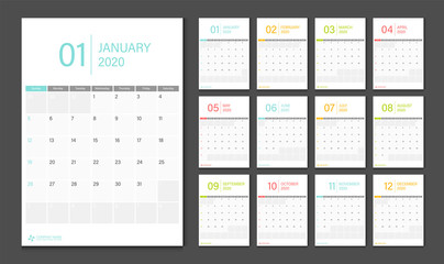 Calendar 2020 week start Sunday corporate design planner template.