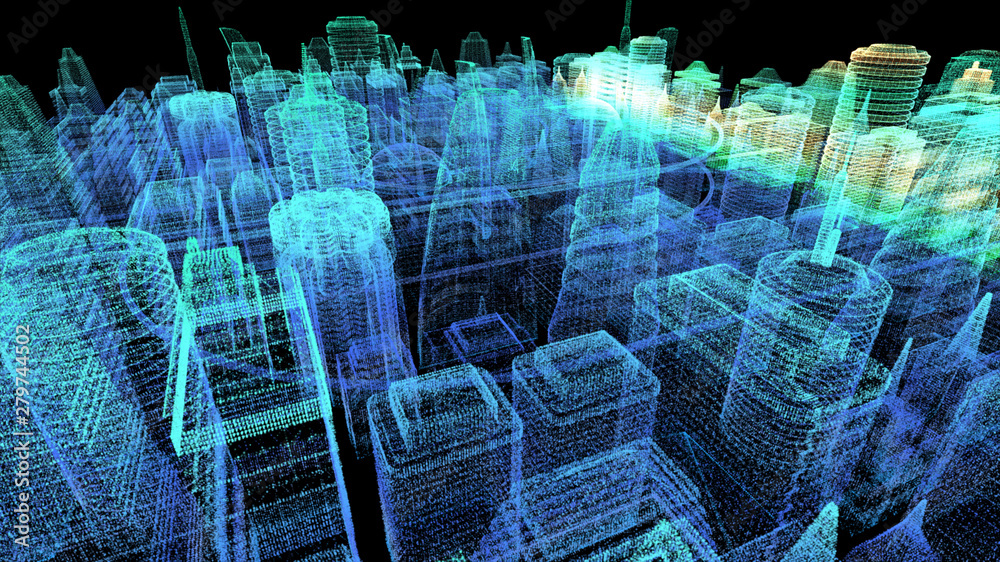 Aufkleber Futuristic holographic city digitally generated image virtual reality matrix particles in cyber space background environment