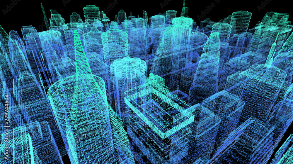Poster futuristic holographic city digitally generated image virtual reality matrix particles in cyber spac