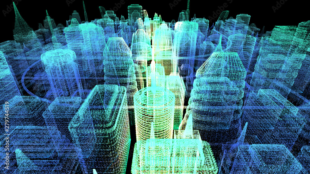 Poster Futuristic holographic city digitally generated image virtual reality matrix particles in cyber space background environment