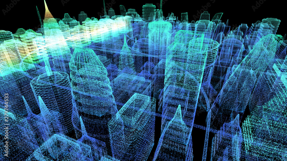 Poster Futuristic holographic city digitally generated image virtual reality matrix particles in cyber space background environment