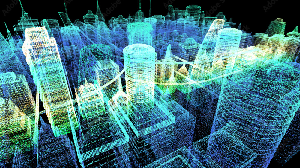Poster Futuristic holographic city digitally generated image virtual reality matrix particles in cyber space background environment