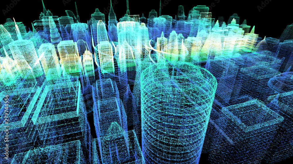 Poster Futuristic holographic city digitally generated image virtual reality matrix particles in cyber space background environment