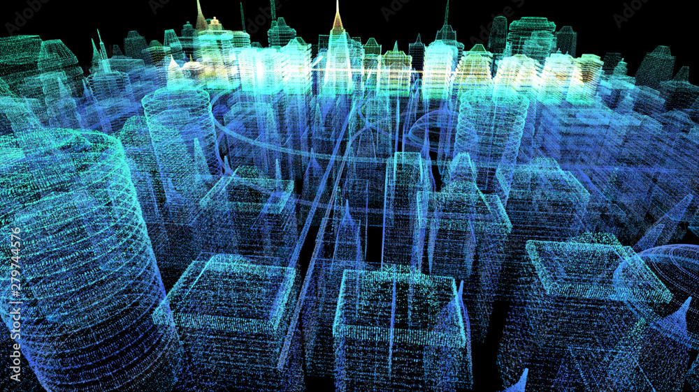 Aufkleber futuristic holographic city digitally generated image virtual reality matrix particles in cyber spac