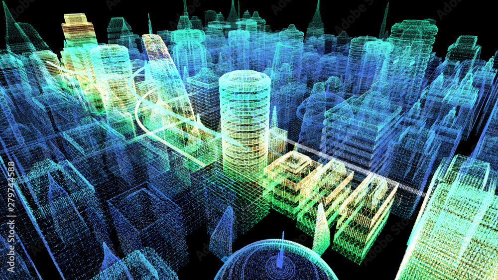 Poster Futuristic holographic city digitally generated image virtual reality matrix particles in cyber space background environment