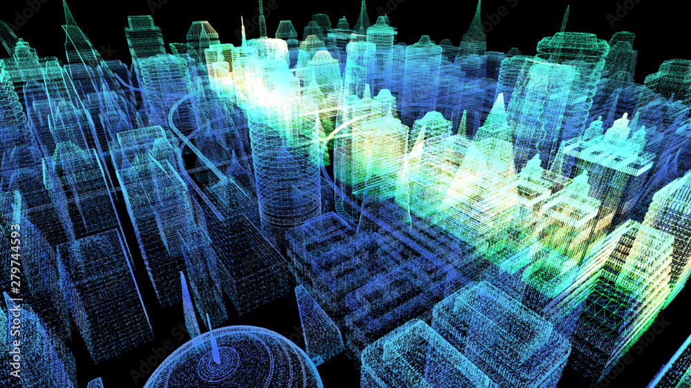 Poster Futuristic holographic city digitally generated image virtual reality matrix particles in cyber space background environment